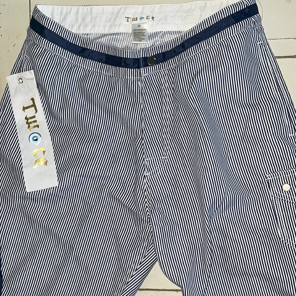 Swim trunks 28 TW 👁 CE Navy Pinstripe Swimming Unlined Velcro Fly 9 Inseam